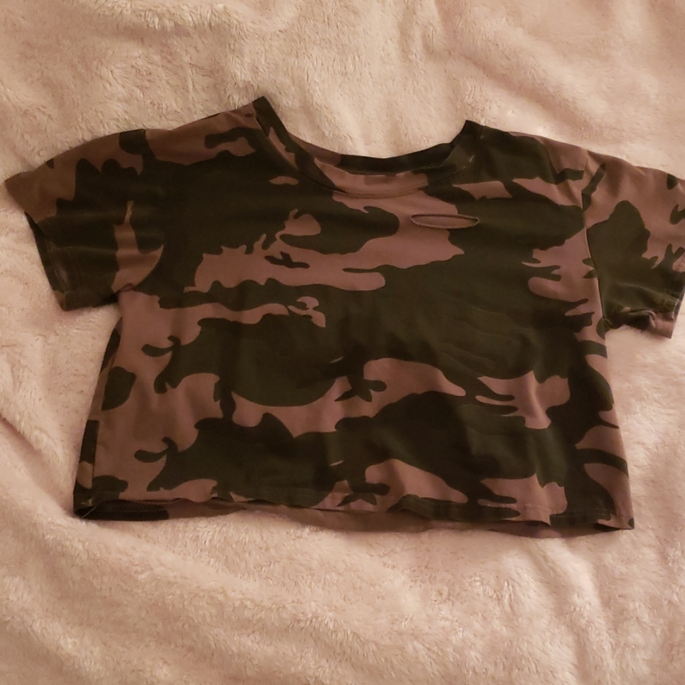 Camo, cropped, distressed shirt
